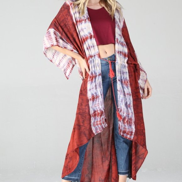 Last Medium NWT Red White Tie Dye Gypsy Long Kimono Duster Med - Picture 2 of 8